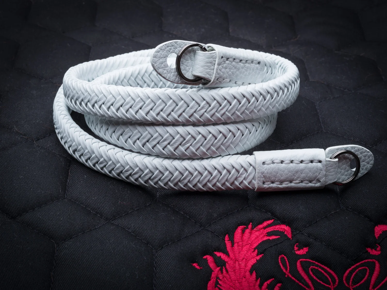 white leather camera strap