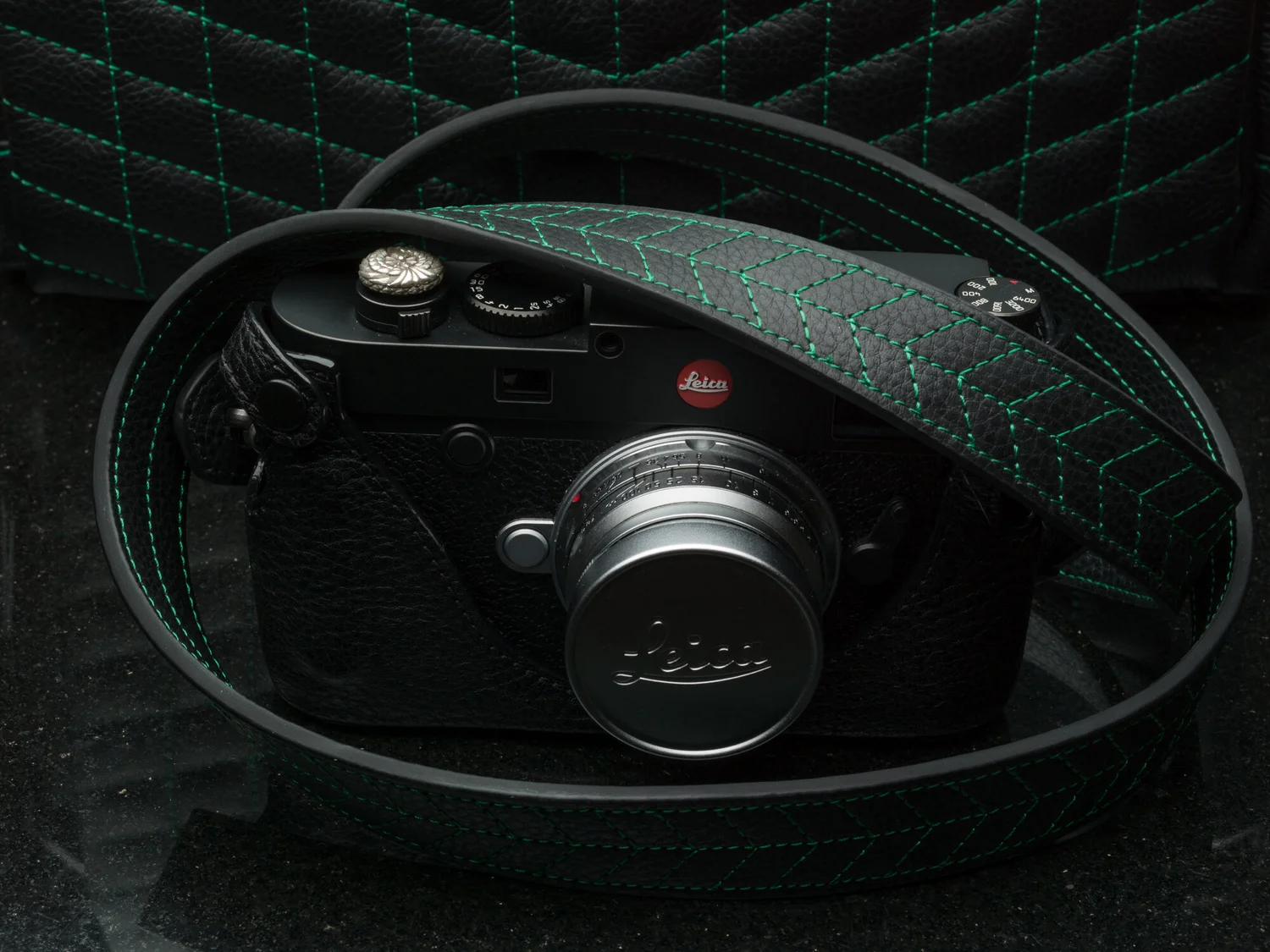 Vi Vante HULK "Classic Tread" Black Leather Camera Strap Green Stitch Edition of 5, image 1