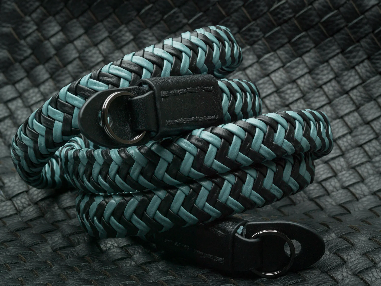 blue and black leather Leica camera strap