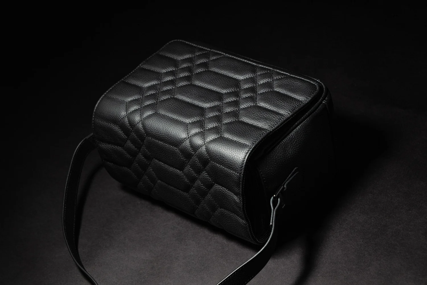 quilted leather camera bag black