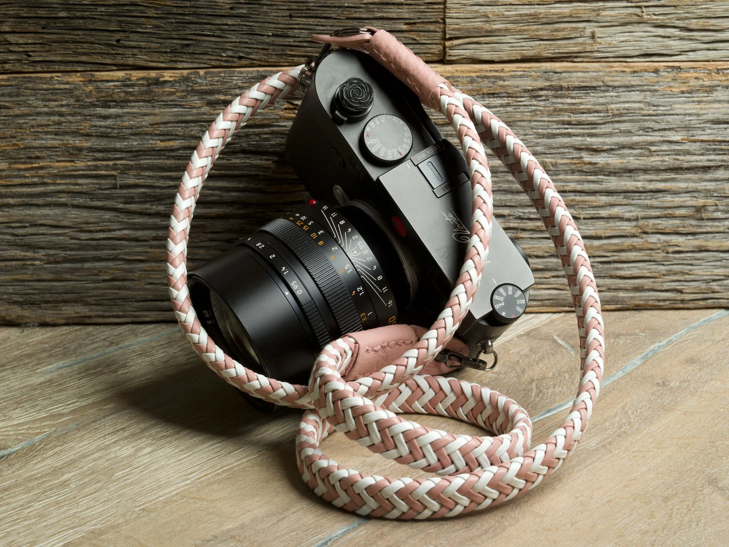 The Vi Vante "The Carmencita" Pink ad White Matador Leather Camera Strap
